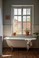 Jahrgang Klaue Fuß Badewanne durch Fenster mit Pflanzen heimelig Komfort foto