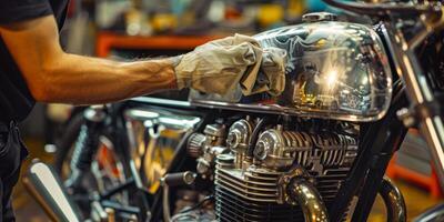 ein Mann ist Reinigung ein Motorrad Motor foto
