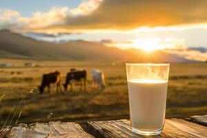 heiter Molkerei Bauernhof Szene Glas von Milch auf Holz mit Blick auf Sonnenuntergang und Kühe foto