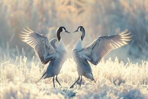 zwei Vögel sind Stehen im das Schnee, einer von Sie ist suchen beim das andere foto