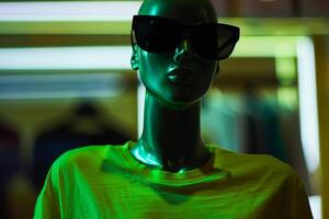 beschwingt Neon- Grün Mannequin mit Sonnenbrille im Mode Geschäft foto