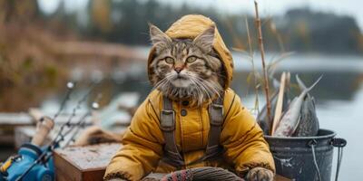 Katze im Fischer s Outfit entspannend auf ein Dock mit Angeln Ausrüstung foto