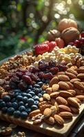 gesund Essen mischen von Nüsse Beeren und getrocknet Früchte auf hölzern Tabelle im das Garten foto