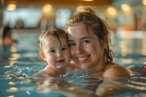 froh Mutter und Baby genießen Zeit zusammen im Schwimmen Schwimmbad foto