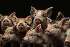 neugierig Ferkel zusammengekauert zusammen mit ausdrucksvoll Gesichter foto