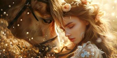 mystisch Begegnung jung Frau und Pferd Teilen ein sanft Moment foto