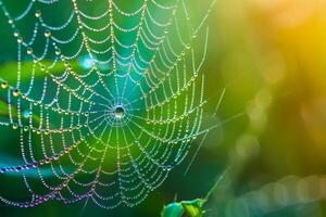 Tau geschmückt Spinne Netz glitzernd im Morgen Sonnenlicht foto