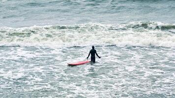 männlicher surfer im badeanzug im meer mit rotem surfbrett foto