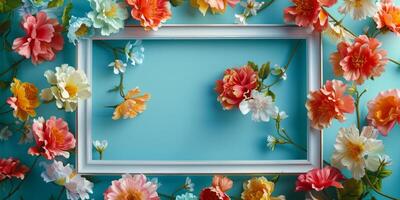 ein Blau Hintergrund mit ein Weiß Rahmen und ein bunt Anordnung von Blumen foto