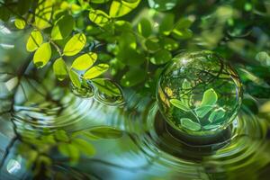 Kristall Kugel Reflexionen Grün Blätter und plätschern Wasser foto