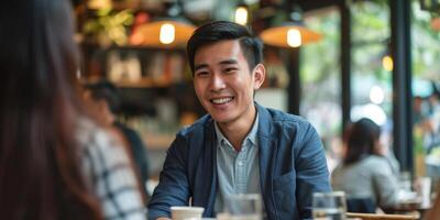 heiter jung Mann genießen Konversation im ein Cafe foto