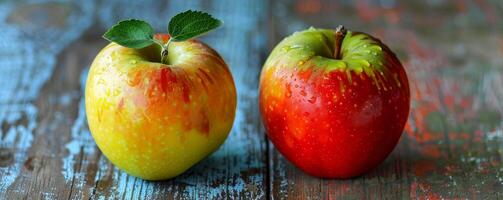 frisch feucht Äpfel mit lebendig Farben auf hölzern Oberfläche foto