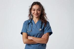 Porträt von ein Krankenschwester lächelnd auf Weiß Hintergrund foto