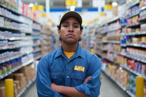 Porträt von ein Allgemeines Arbeiter beim Supermarkt Gang foto