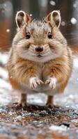 Winter launisch. ein neugierig Chipmunk inmitten das fallen Schnee foto