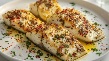 Gourmet gegrillt Fisch Filets garniert mit bunt Gewürze und Kräuter foto