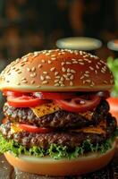 Gourmet Freude. ein saftig doppelt Cheeseburger aalen im Umgebungs Licht foto