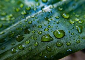 frisch Regentropfen isoliert auf Grün Blatt im Garten foto