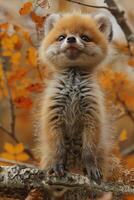 Herbst umarmen. ein Eichhörnchen inmitten das golden Blätter foto