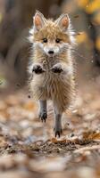 anmutig Sprung von ein jung Fuchs inmitten Herbst Blätter foto