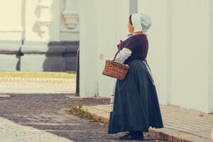 Porträt von Brünette Frau gekleidet im historisch Barock Kleider mit alt Mode Frisur foto