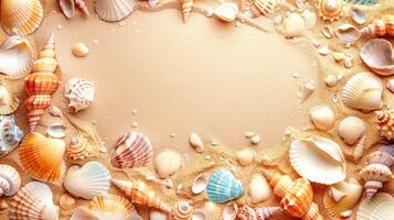 Sommer- Poster mit bunt Muscheln auf Sand. tropisch Hintergrund. Illustration. foto