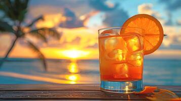 beschwingt Sommer- Stimmung Hintergrund. Orange Cocktail mit exotisch Obst Garnierung auf ein schön sonnig Sonnenuntergang Strand Szene. foto