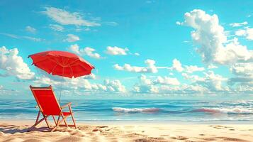 schön Sommer- Strand mit rot Stuhl und Regenschirm auf ein Blau wolkig Himmel Hintergrund. Illustration. foto