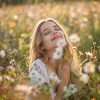 ein schön Dame Lügen auf Blumen Felder im Sonnenuntergang Licht auf Sommer- Mode Frau weht Löwenzahn im Frühling Garten. Frühling. modisch Mädchen beim Sonnenuntergang foto