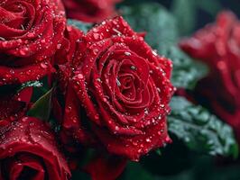 rot Rose im blühen mit Tau Tropfen im Natur, ein Makro Schuss von nass Blütenblätter reflektieren Liebe und Romantik. Konzept von Schönheit von Natur und Liebe foto