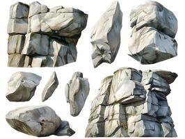 Sammlung von groß Steine isoliert auf Weiß Hintergrund. Rau Stein Blöcke. Felsen Plattformen foto