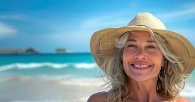 froh Frau mit blond Haar tragen Stroh Hut, genießt sonnig Tag beim Strand. Ozean Wellen, entfernt Inseln auf heiter Hintergrund. reisen, Ferien Reiseziele, Sommer- Lebensstil Konzept. Banner, Kopieren Raum foto