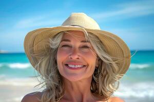 Foto von Senior Dame mit blond Haar tragen Stroh Hut, genießt sonnig Tag beim Strand. Ozean Wellen, entfernt Inseln auf heiter Hintergrund. reisen, Ferien Reiseziele, Sommer- Lebensstil Konzept