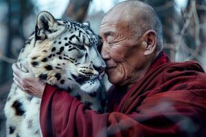 Seite Aussicht von tibetanisch Mönch und wild Schnee Leopard. Tag von Vesak. Buddhismus ist alle Über Liebe und Mitgefühl. Freundlichkeit Erstellen ein Atmosphäre von Frieden und Ruhe foto