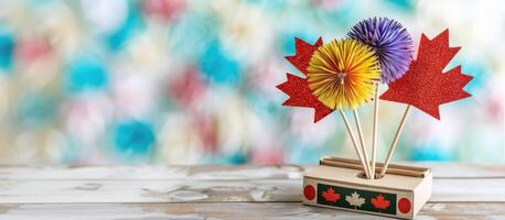 Kanada Tag Banner, rot funkeln Ahorn Blätter, bunt Papier Blumen im dekorativ Halter, auf beschwingt verschwommen Hintergrund. feiern kanadisch Erbe, Urlaub Werbeaktionen, festlich Entwürfe, Kopieren Raum foto