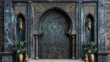 ein aufwendig Moschee Tür geschmückt mit Arabisch Kalligraphie und geometrisch Muster, symbolisieren islamisch Neu Jahr, einstellen gegen ein Marmor Textur mit Gold Inlay foto