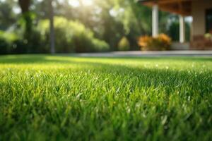 ein Rasen im Vorderseite von ein Haus mit Grün Gras foto