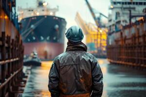 ein Mann im ein schwer Hut Stehen im Vorderseite von ein Container Schiff foto