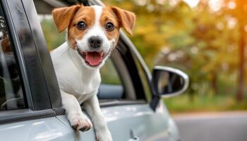 glücklich Hund auf ein Auto Reiten foto