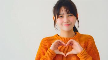 Frau Herstellung Herz gestalten mit Hände. ein heiter jung asiatisch Frau im ein hell Orange Pullover, Bildung ein Herz gestalten mit ihr Hände, symbolisieren Liebe und Glück. . foto