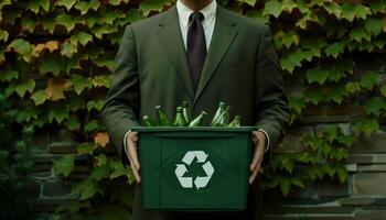 korporativ Verantwortung Geschäftsmann mit Recycling Behälter foto