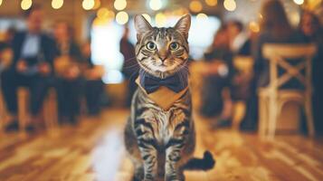 Katze im Bogen Krawatte beim ein Party. Tabby Katze tragen ein Bogen Krawatte beim ein Sozial Versammlung mit verschwommen Menschen im das Hintergrund. . foto