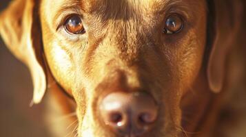 golden Labrador Nahansicht Porträt. heftig Nahansicht von ein golden Labradors Gesicht Hervorheben es ist seelenvoll Augen und detailliert Pelz Textur. foto