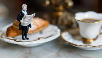 Miniatur Zahl mit Zeitung. ein detailliert Miniatur Zahl von ein Mann lesen ein Zeitung, einstellen gegen ein Hintergrund von ein Kaffee Tasse und Croissant auf elegant Porzellan. foto