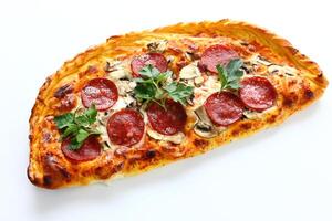 zierlich Pizza Calzone auf ein Weiß Hintergrund foto