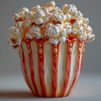 Tasse von Popcorn mit Weiß und rot Streifen auf ein grau Hintergrund foto
