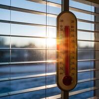 Thermometer auf Fenster zeigt an eisig kalt außen, Kontraste mit warm Sonnenlicht Innerhalb zum Sozial Medien Post Größe foto