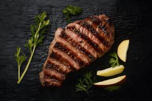saftig Grill Steak brutzelnd mit aromatisch, perfekt gekocht verkohlen foto