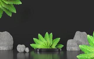 3D-Podium Stand Lebensmittelwerbung Natursinn mit frischen Stimmungsblättern und Felsen für Produktdisplaywerbung foto