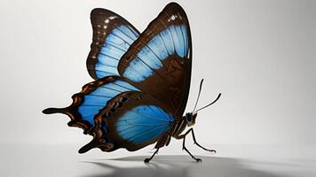 Blau Morpho Schmetterling thront auf Weiß Hintergrund foto